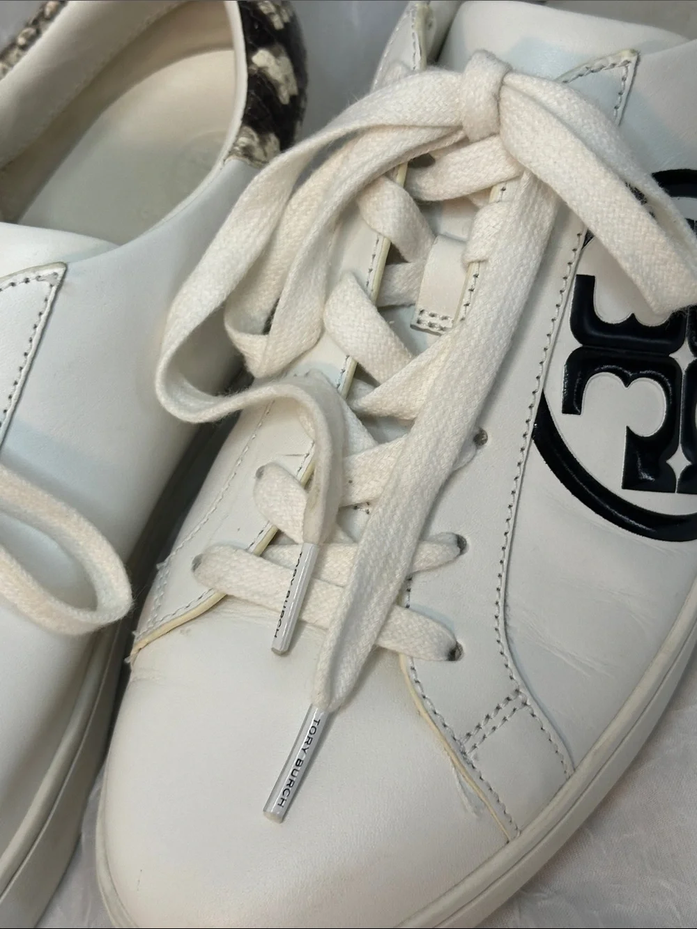Tory Burch Leigh White Leather Sneakers with Black T Logo and Snake-Print Heel
